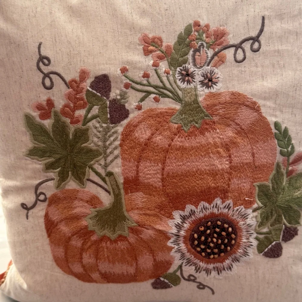 Pier 1 Imports Harvest Fall Embroidered Pumpkin Pillow 16”x16”